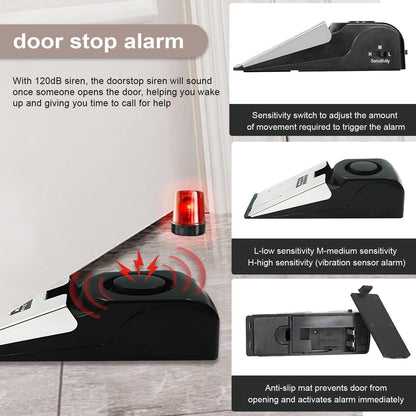 Home Security Door Stopper Alarm - Easy to Install No Tools Needed, 3 Sensitivity Modes, 120DB Loud Anti-Theft Alarm,