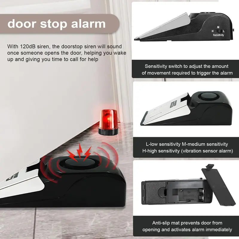 Home Security Door Stopper Alarm - Easy to Install No Tools Needed, 3 Sensitivity Modes, 120DB Loud Anti-Theft Alarm,