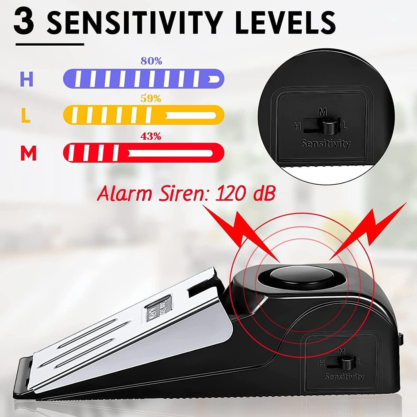 Home Security Door Stopper Alarm - Easy to Install No Tools Needed, 3 Sensitivity Modes, 120DB Loud Anti-Theft Alarm,